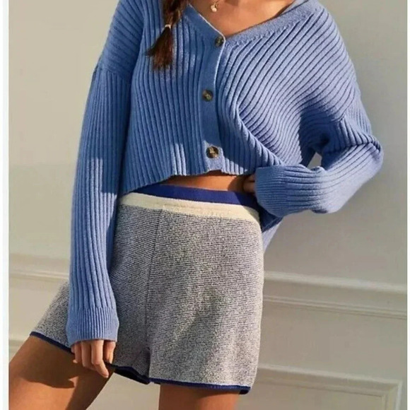 Anthropologie, New, Maeve Posey Cobalt Stripe Sweater Knit Shorts, Size XL - Picture 1 of 11